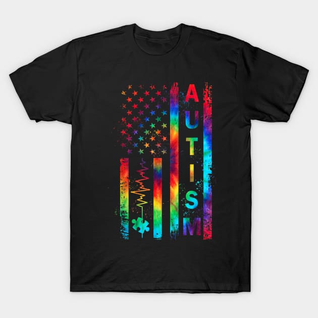 American Flag Autism Awareness Teacher Mom Support Tie Dye Shirt T-Shirt by Kelley Clothing